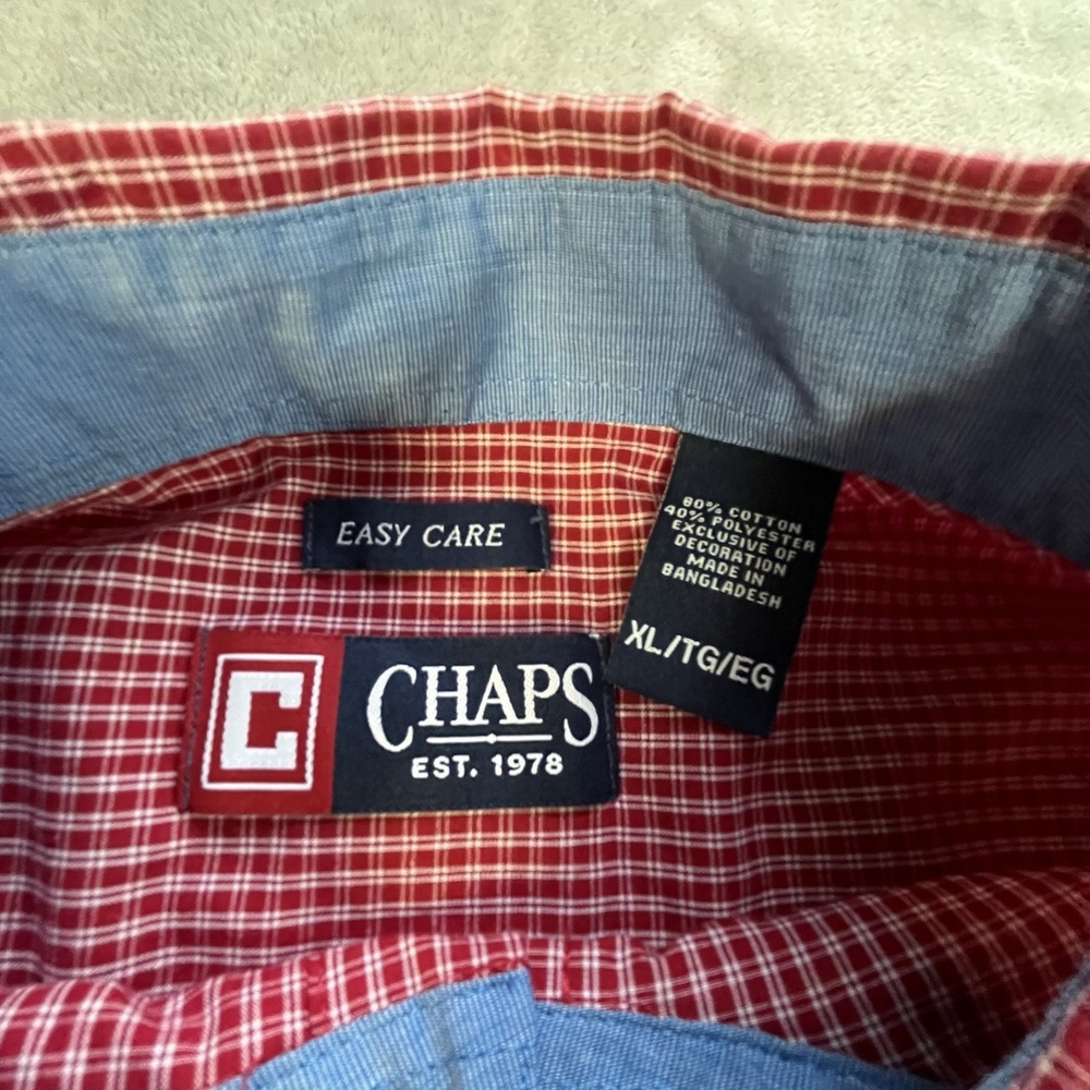 Chaps Mens Red Checkered Long Sleeve Button Down Shirt Easy Care Size XL White - Picture 3 of 6